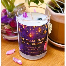 Violet Flame Limited Edition Soy Candle ~Violet Flame of St Germain 3x4" 12 oz Lavender Sage & Violet Aura Quartz