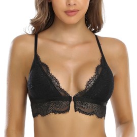 SHEKINI Women's Lace Bralette Front Closure Bras Padded Plunge Triangle Wire Free Racerback Bra