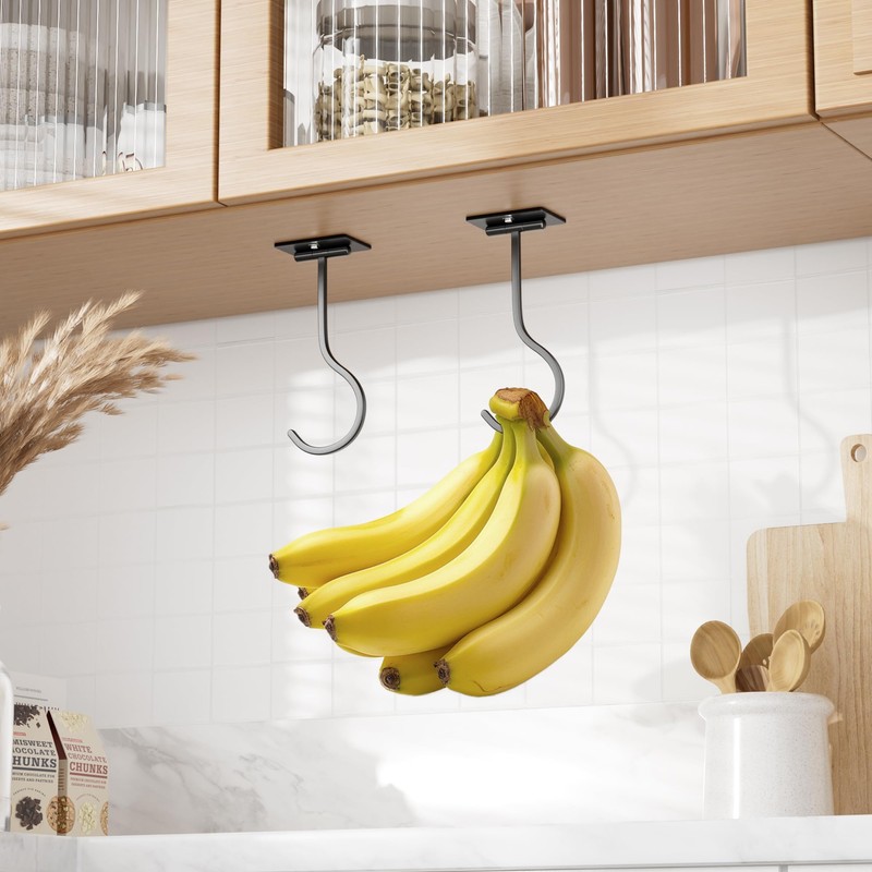 Adhesive Banana Hanger Under Cabinet: 2 Pack Sticky Banana Hooks