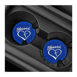 MUQIDA 2 PCS Car Cup Holder Coaster, 2.76 Inch Soft PVC Non-Slip Blessed Cross and Heart Christian Car Cup Coasters, Auto Interior Shockproof Insert Drink Mat for Most Vehicles (Blue)