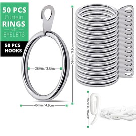 Hommakr 50 Pack 38mm Large Curtain Rings and Hooks – Bigger Curtain Rings Metal with Plastic Hooks for Window Rods, Decorative Drapery – Durable & Rustproof Curtain Pole Rings 50 sets - Silver
