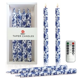 SEUCRWAX 10 Inch Flameless Taper Candles Blue and White Porcelain,LED Candlesticks Battery Operated with 10-Key Remote and Timer,3D Flickering Flame Lights for Wedding Decoration Party