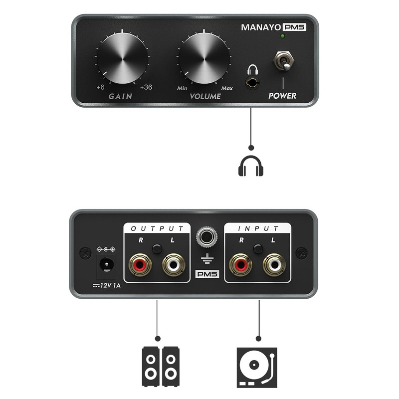 MANAYO Adjustable Gain Phono Preamp for MM Turntables, Professional Mini
