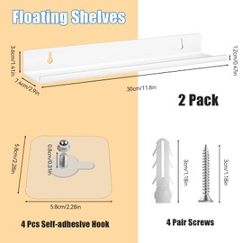 Tikplus Wall Shelves, Set of 2 Shelves, White, Kitchen Shelf, Wall Without Drilling, Picture Rail, Wall Shelf for Living Room, Bedroom, Spice Rack, Bookshelf, Industrial Decoration, 30 x 7.9 x 3.6 cm