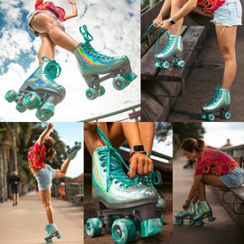 JajaHoho Roller Skates for Women, Shiny Holographic High Top Rollerskates, Double-Row Four Mixture Gradient Wheels Quad Skates for Girls Age 8-50 Indoor Outdoor (Size 9, Mint Green)