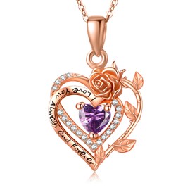 Zeuslia Rose Heart Birthstone Necklaces for Women, 925 Sterling Silver Women Pendant Necklace, Mother's Day Birthday Anniversary Jewelry Gifts for Wife Girlfriend Mom Grandma Daughter, Sterling