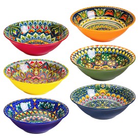 Henten Home Porcelain Soup Bowl Set of 6, Colorful 30 oz Ramen Bowls Set, Ceramic Bohemian Serving Bowl for Noodle, Cereal, Salad, Microwave & Dishwasher Safe