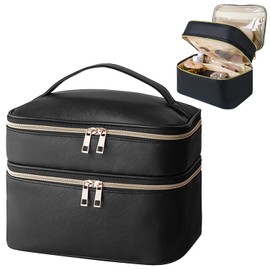 Onilife Double Layer Travel Makeup Bag, Portable Cute Cosmetic Bag Large Make Up Organizer Case Toiletry Bag for Women Girls with Handle and Removable Divider, Black
