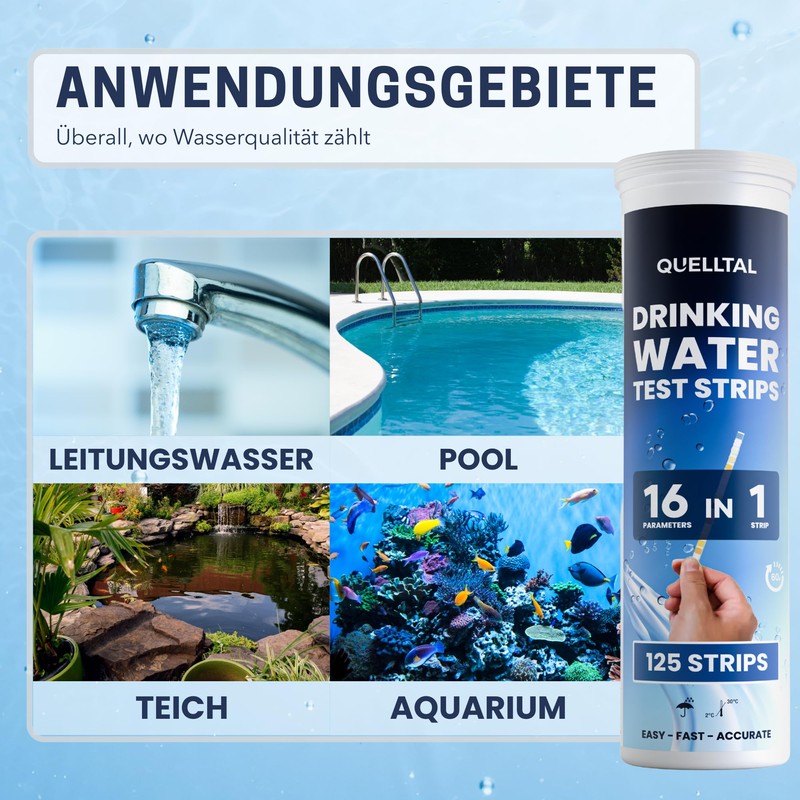 Quelltal 16-in-1 Water Test Strips - 125 Pieces for pH,
