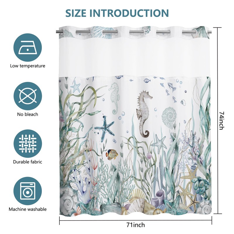 MEHOFOND Nautical Beach No Hook Shower Curtain with Snap in