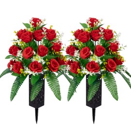 MOOMASS Artificial Cemetery Flowers – Grave Decorations, Cemetery Flowers for Grave Vase, Artificial Rose, Silk Flowers for Long-Lasting Remembrance(red, 2 Bouquets)