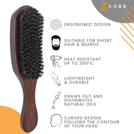 Kobe Professional Men's Dark Wood Club Brush - Men’s Boar Bristle Hair Brush/Beard Brush - Wooden Bristle Brush for Men & Women (Errol)