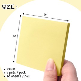 Sticky Notes 3x3 Self-Stick Notes Pads with Bright Colors, Easy to Post for Office, Shool, Home, 4 Pads/Pack, 90 Sheets/Pad (Yellow)