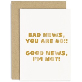 Old English Co. Funny 40th Birthday Card for Her Him - Hilarious Birthday 'Bad News You're 40' - Cute Birthday Card for Colleague, Friend, Family Member, Sister, Mum | Blank Inside with Envelope