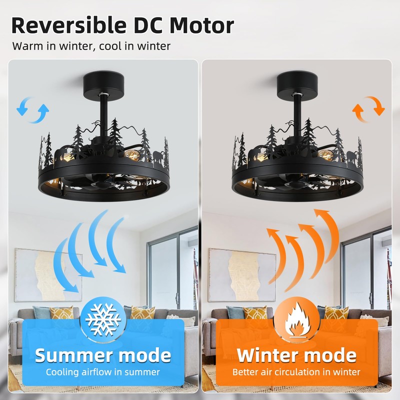 Rustic Ceiling Fans with Lights and Remote, Black Caged Ceiling