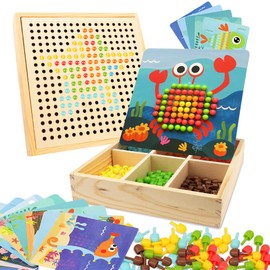 Gohytal Mosaic Plug-In Game for Children, Toy from 2 3 4 5 Years Wooden Mosaic Craft Set Children Pegboard Forks with Beads & Cards Montessori Plug-In Game 3D Gifts for Boys Girls, Sea