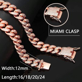 OWNCOOL 2 PCS Cuban Link Chain Iced Out Miami Cuban Necklace Bracelet Bling Diamond Hip Hop Jewelry for Men Women Rose Gold 16inch