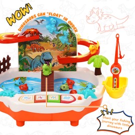 Magnetic Fishing Toy with Track, Dinosaur-Themed Fishing Game Play Water Playset with Music & Sound Effect, Early Education Gift for Toddlers