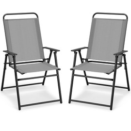 Giantex Patio Chairs Set of 2, Outdoor Folding Chairs with Armrests, Metal Frame, Outside Foldable Dining Chairs for Lawn Deck Porch Beach Yard (Gray & Black)