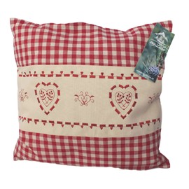 Pine Cushion Red Checked with Heart Embroidery Filled with Pine Flakes Made from 100% Alpine Pine Wood in Extra Ticking Size 40 x 40 cm