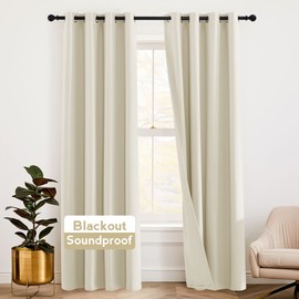 RYB HOME Soundproof Curtains 108 inches Blackout Energy Saving Grommet Curtains Window Treatment Panels for Bedroom Studio Sliding Glass Door, W 52 x L 108 inches, Beige, 2 Pcs