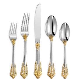 KEAWELL Luxury 20 Pieces 18/10 Stainless Steel Flatware set, Service for 4, silver plated with gold accents, Fine Silverware set and Dishwasher Safe (Gold Accent)