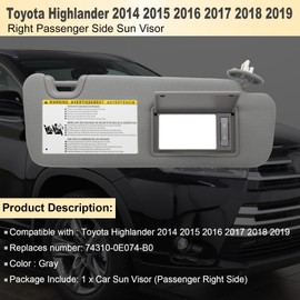 NHILES Right Passenger Side Sun Visor Compatible with Toyota Highlander 2014 2015 2016 2017 2018 2019 Replaces# 74310-0E074-B0 Color Gray
