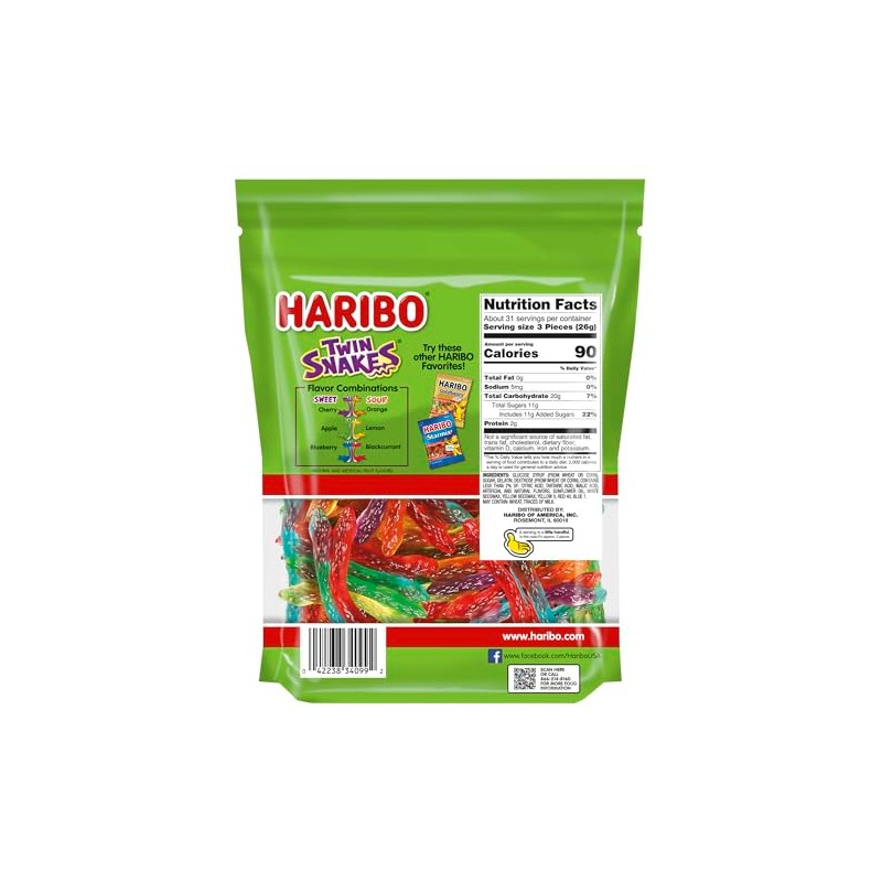 HARIBO Gummi Candy, Twin Snakes Sweet & Sour Gummy Candy,