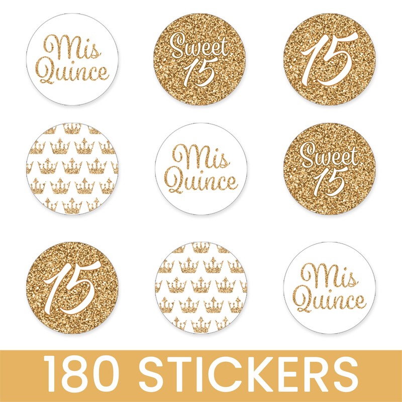 White and Gold Quinceañera Chocolate Kisses Party Favor Stickers, Mis