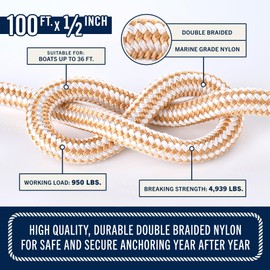 RainierSupplyCo Boat Anchor Rope - Double Braided Marine Rope Anchor Line - 100 ft x 1/2 Inch Nylon Boating Line with 316 Stainless Steel Thimble and Heavy Duty Marine Grade Bow Shackle - White/Gold