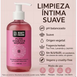 Jabón Íntimo Para Mujer - Higiene Intima - Limpieza Delicada - Aloe Vera - Coco - Aceites de Tea Tree y Lavanda - Vitamina E - 250ml - Pure Essence Woman - Beauty Freedom - Combate malos olores