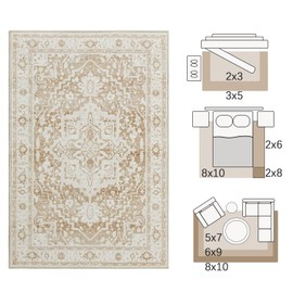 jinchan Washable Area Rug 3x5 Entryway Faux Wool Low Pile Vintage Rug Stain Resistant Floral Print Soft Indoor Doormat Non Slip Ultra-Thin Boho Carpet Kitchen Living Room Bedroom Dining Room Taupe
