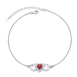 PROSILVER Women's Infinity Anklet 925 Silver Rolo Chain Anklet with Heart Birthstone 22 + 5 cm Summer Beach Ankle Bracelet Birthday Jewellery Accessory, Sterling Silver