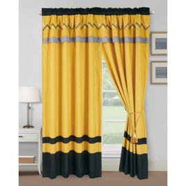 Chezmoi Collection Arden 4-Piece Modern Turmeric/Black/Silver Gray/White Zigzag Stripe Embroidery Window Curtain Panel Set with Sheer Backing Valance Tassels, 120 inch x 84 inch