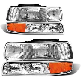 Headlight Assembly for 1999 2000 2001 2002 Chevy Silverado 1500 2500/1500HD 2500HD 3500/2000-2006 Tahoe/Suburban Chrome Housing Amber Reflector Pair