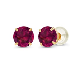 14K Solid Yellow Gold 4mm Round Created Ruby July Birthstone Prong Set Stud Earrings For Women