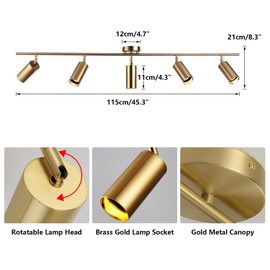 BOKT 5-Light LED Track Lighting Fixtures Ceiling Gold Modern 5 Way Spotlight Fixture Indoor Spot Lighting Mid Century Vintage Linear Kitchen Track Lighting Kit Brushed Brass Picture Light