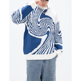 Yimoon Mens Oversized Graphic Sweaters Crewneck Y2K Unisex Vintage Aesthetic Knitted Long Sleeve Jumper Tops(Blue-L)
