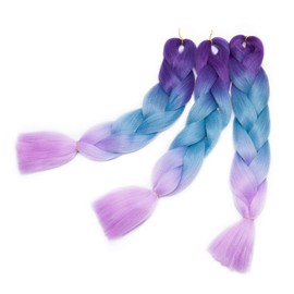 3 Pieces Colorful Jumbo Braiding Hair Extensions 3 Tone Ombre Synthetic Braiding Hair Extension 24 inches Purple to Lake Blue to Light Purple