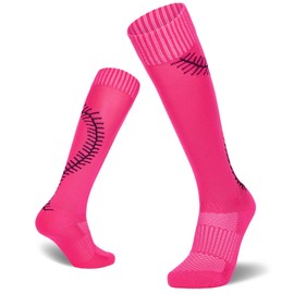 Zando Pink Soccer Softball Baseball Football Socks for Youth Girls Kids Athletic Multi-Sport Knee High Tube Compression Socks with Stitches Over-The-Calf Socks Unisex Rose Red XS