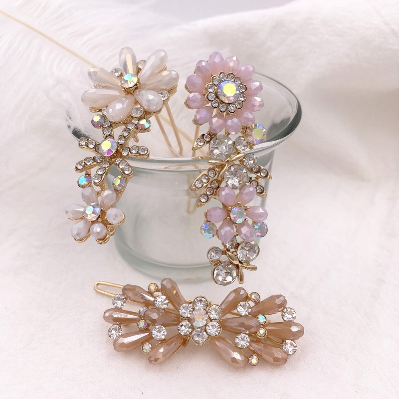 3PCS Rhinestone Bling Flower Small Mini Barrette Decorative Hair Clips