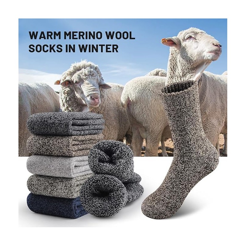HEERMS 5 Pairs Mens Merino Wool Socks Thick Winter Hiking