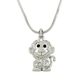 Falari Monkey Pendant Necklace Rhinestone Crystal Rhodium High Polished J0005