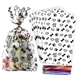 Coqofa 100 Pcs 6"X10" Dog Paw Bone Cellophane Treat Bags - Clear Candy Cookie Bags with Twist Ties for Pet Treat Party Favor - Black