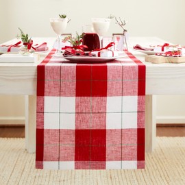 Solino Home Christmas Table Runner 60 inches Long – 100% Pure Linen Very Merry Plaid Table Runner 14 x 60 Inch – Machine Washable Table Runner