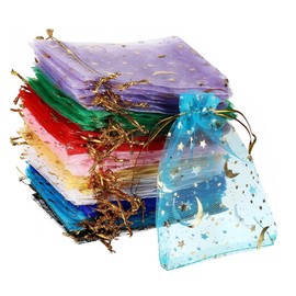 Gaaines 100 Pcs 7X9cm Small Organza Bags Drawstring, Moon Stars Organza Gift Bags, Jewellery Bags, Wedding & Baby Shower Occasion, 10 Colors, 100 Count