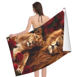 MIEPOS Cool Lion Beach Towel,32x52in,Quick-Dry Sand-Free Animal Bath Towels,Microfiber Lightweight for Travel Pool Yoga Beach Outdoor Activities Decor Accessories Gifts (Lion and Rose)
