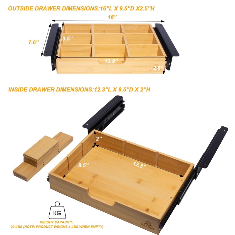 Under Desk Bamboo Drawer with U-Shaped Hollow Panel to Pull