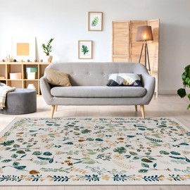 DECOMALL Jasmine Washable Area Rugs, Colorful Modern Flower Rug with Rubber Backing, Foldable Non Slip Plant Carpet for Living Room Bedroom Dinning Room, 6x9ft, Green Beige