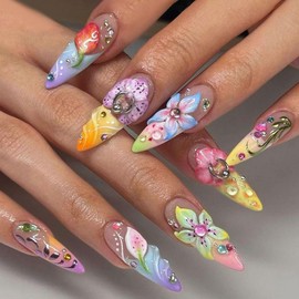 24Pcs 3D Flower Press on Nails Medium Almond Fake Nails French Tip False Nails with Silver Pearl Rhinestones Gilding Design Colorful Summer Stick on Nails Full Cover Artificial Glue on Nails for Women